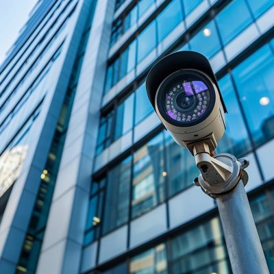 office building remote security A cctv camera in front of a building.