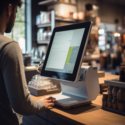 A man using a pos machine in a coffee shop.