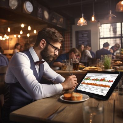 restaurant kpi examples A man sitting at a table with a tablet in front of him.