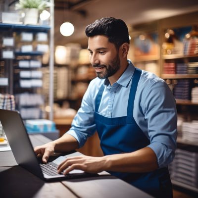 retail-erp-vendors A man in an apron is using a laptop in a store.