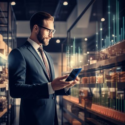 retail-execution-tools A businessman in a suit is using a smartphone in a store.