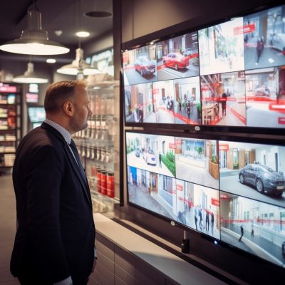 A man in a suit looking at a large screen in a store.