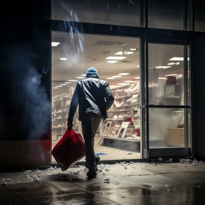 retail theft under ring A man carrying a red bag out of a store.