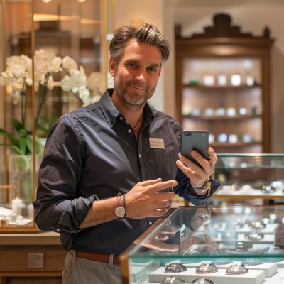 security camera connect to iphone A man holding a cell phone in a jewelry store.