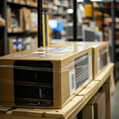 Two boxes on a shelf in a warehouse.