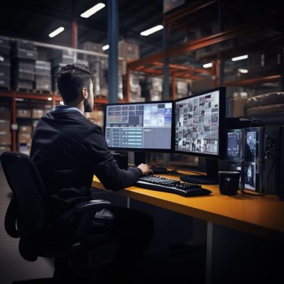 A man working at a desk in a warehouse.