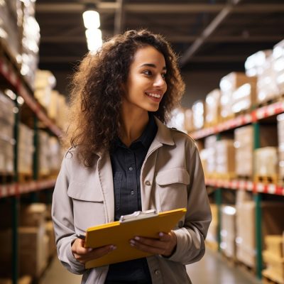 A woman in a warehouse holding a clipboard.