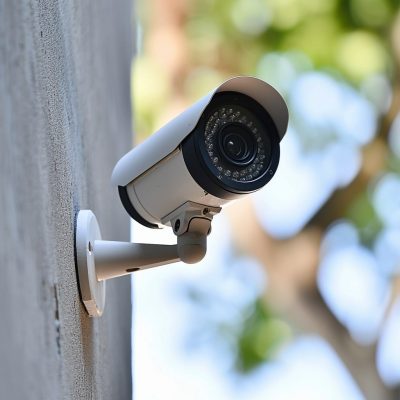 what is a bullet security camera Cctv camera on a wall with trees in the background.
