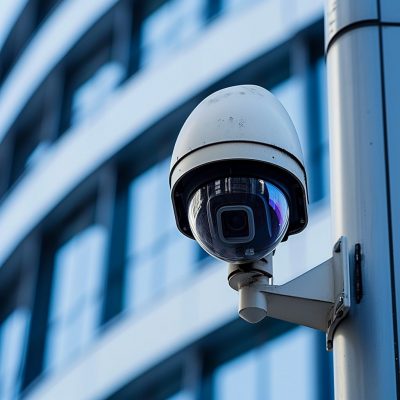 A cctv camera on a pole in front of a building.