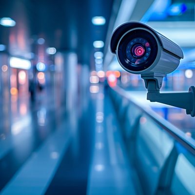 A cctv camera is mounted on an escalator in an airport.