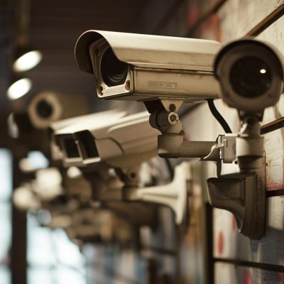 when did cctv become common Cctv cameras on a wall.