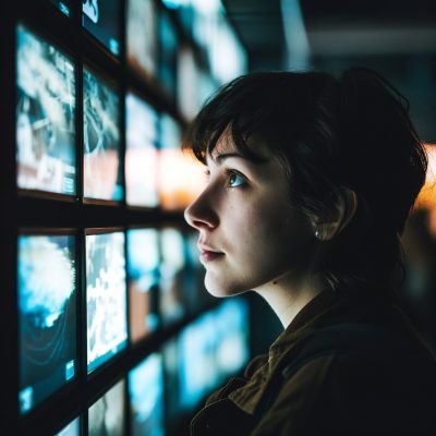 why is cctv quality so bad A woman looking at tv screens in a dark room.