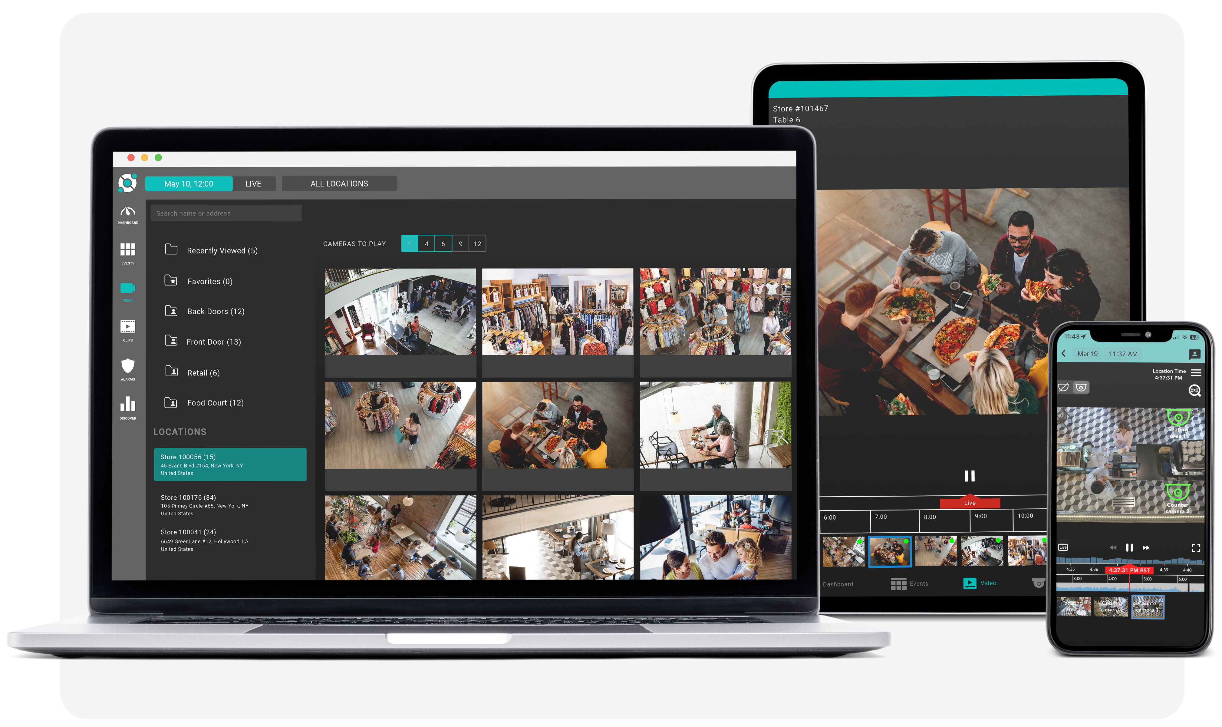 A laptop, tablet, and phone are displaying images of people.
